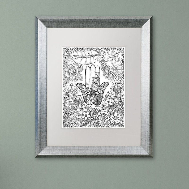 « hamsa hand », impression sur toile encadrée, H 14 po x l 11 po x P 0,5 po, Blanc, Cadre argenté