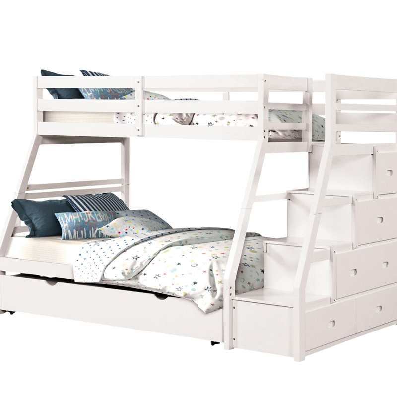 Twin Over Full Bunk Bed White Transitional Rails Lock Joint Built-In Drawers Steps Slat Kit Trundle Finish Design