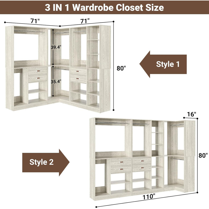 Selestina 110'' Closet System with Wooden Drawers, White Oak