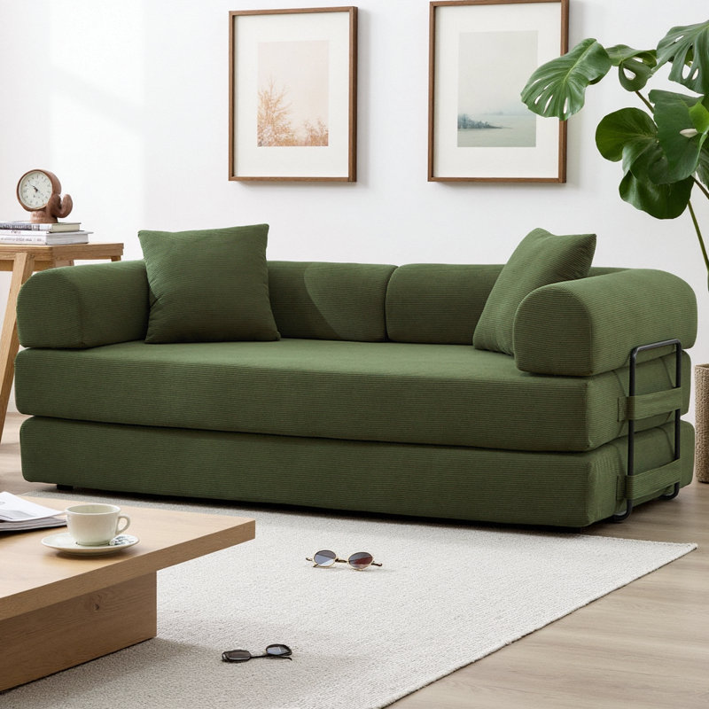 Canapé-lit pliant en velours côtelé 78,5 po 78,5 po avec 2 coussins et matelas à ressorts en mousse pour le salon, aucun assemblage requis