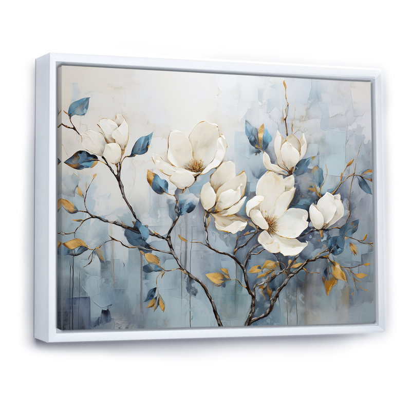 Elegant Magnolias Tranquility - art mural de salon Magnolias, H 24 po x l 32 po, Reproduction avec cadre flottant, Blanc