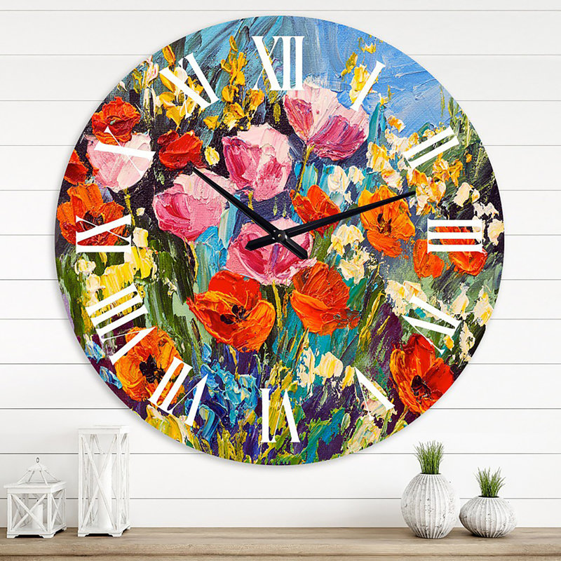 Fleurs printanières colorées - Horloge murale traditionnelle, Surdimensionné