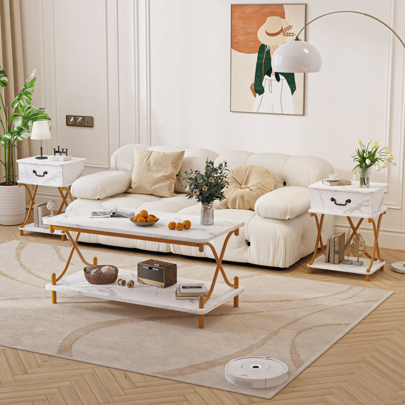 Ensemble de 3 tables basses Kempst, table basse blanche minimaliste, 3 tables basses rectangulaires modernes avec tablette de rangement et 2 tables de bout assorties avec tiroir