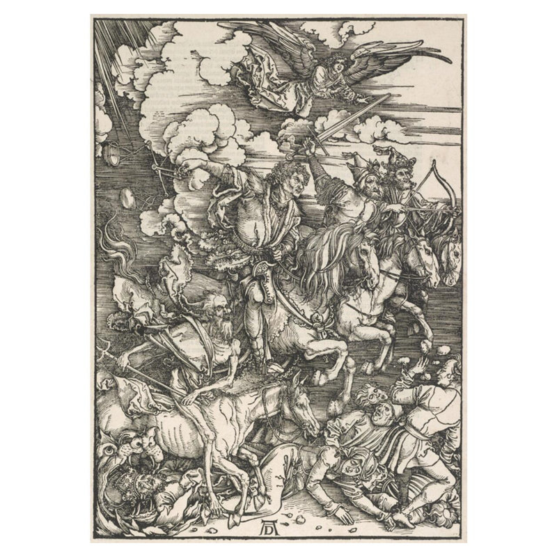 Les quatre cavaliers de l'Apocalypse de Saint-Jean par Albrecht Dürer - Estampe numérique, H 40 po x l 32 po
