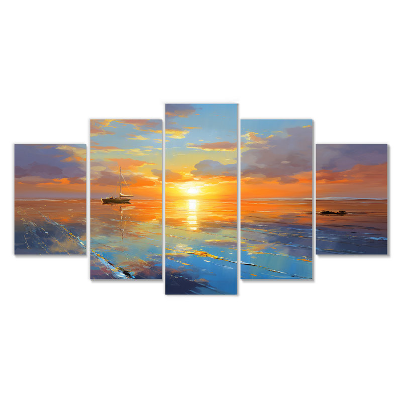 «Little Boat At The Infinite Ocean Sunset», ensemble d'art mural 5 pièces
