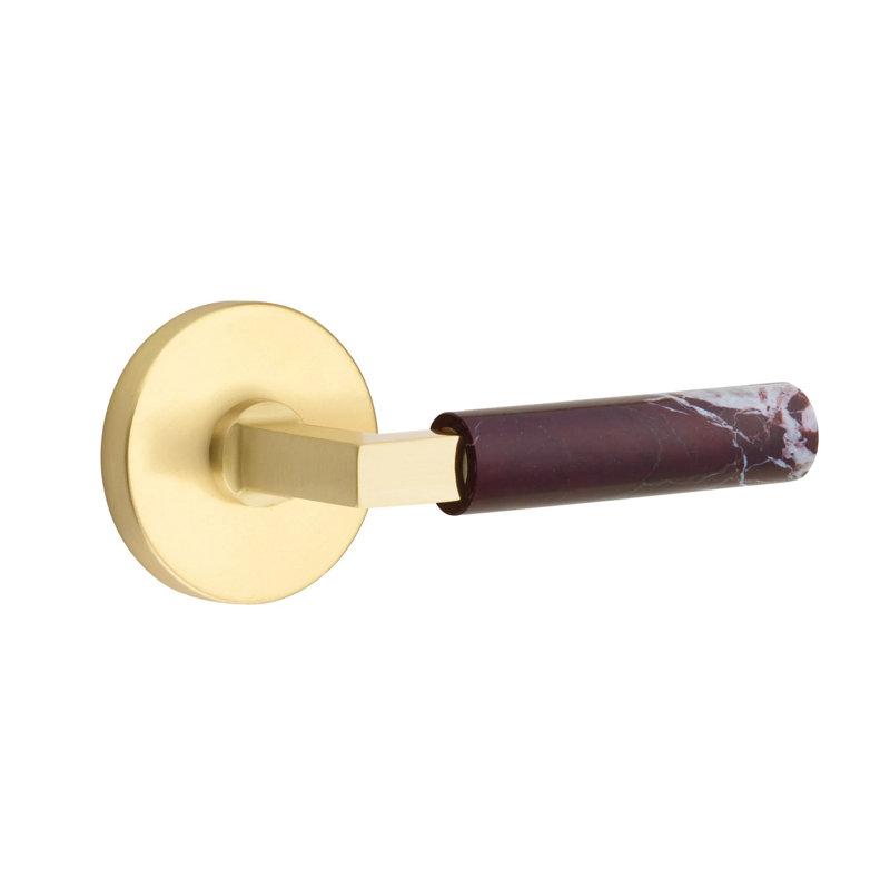 Emtek Select Passage Leverset w/ Disk Rosette & L-Square Stem, Rosso Levanto Marble Lever, Satin Brass, Left