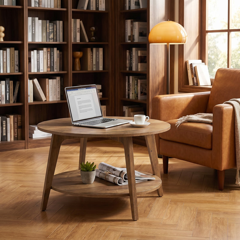 Round Coffee Table - 2-tier Center Table With Storage, Tapered Legs, And Curved Transitions, 31.5 Dia. X 17.7"h, Easy Assembly, For Living Room, Honey Brown