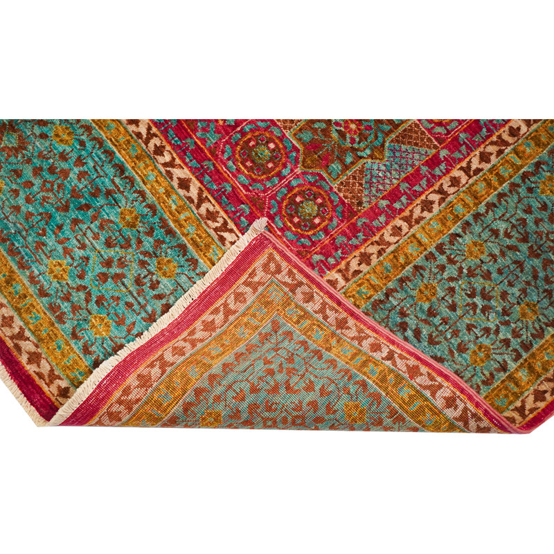 Tapis rose / vert unique de haute qualité noué à la main