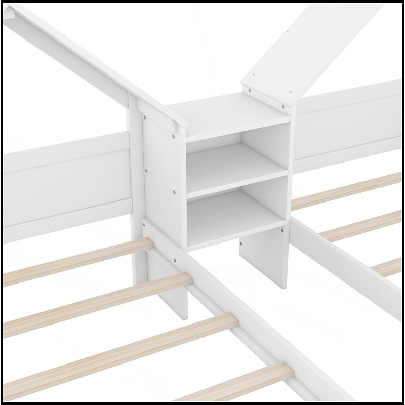 Lit plateforme simple double avec tête de lit en forme de maison et table de chevet intégrée, blanc