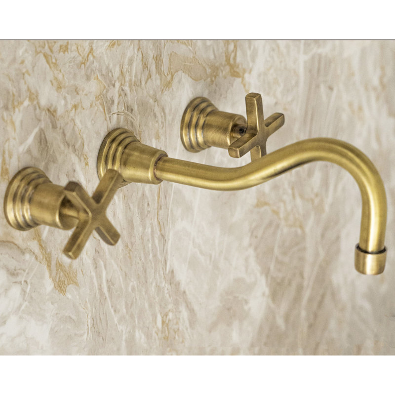 Antique Brass Wall Mounted Bathroom Faucet With Valve – Double Handle Solid Brass Tap