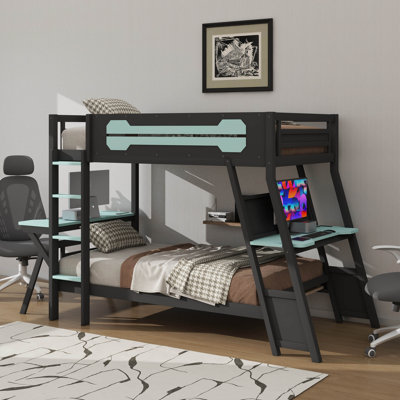 Twin-Size Gaming Bunk Bed With Dual Built-In Workstations, Desktop USB Access, And Pegboard Organization System