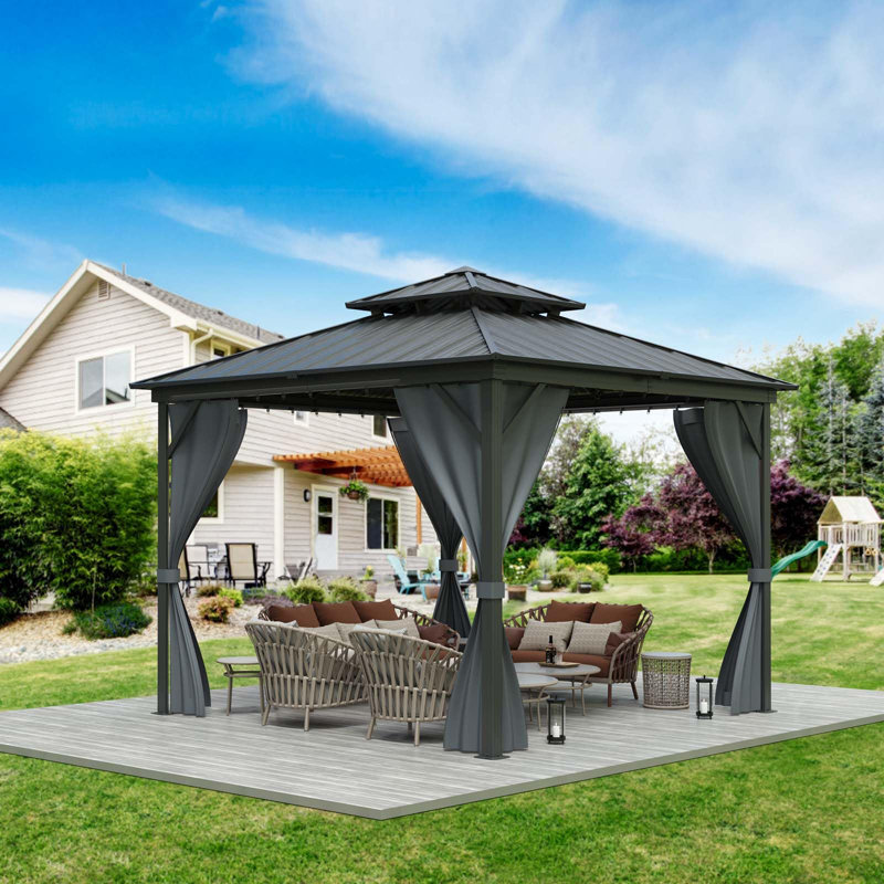 12x12 Hardtop Gazebo with Netting & Curtains – Steel/Aluminum Frame, Double Roof Outdoor Gazebo for Patio, Backyard, Deck – Weatherproof Grey Gazebo for All Seasons