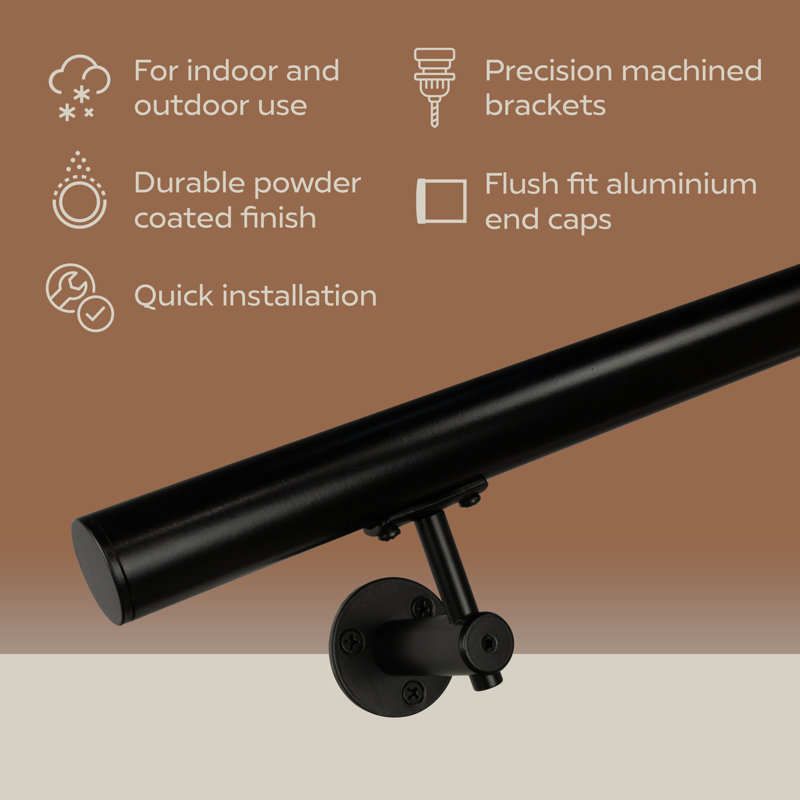 Industrial Aluminum 1.5 Inch Round Complete Indoor/Outdoor Handrail Grab Bar Kit, 168" W, Black