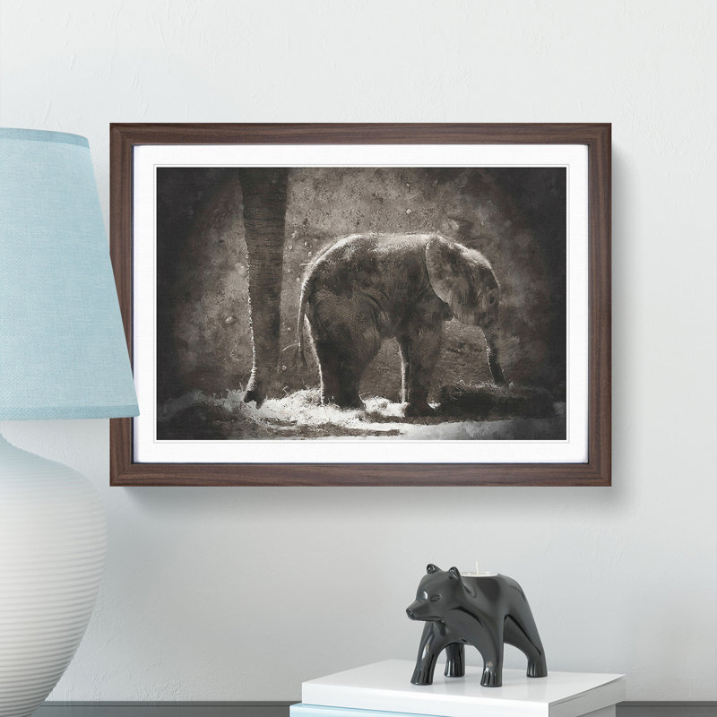 Mother and Baby Elephant Together - Picture Frame Painting Print, 62cm H x 87cm W x 2cm D, Walnut Framed
