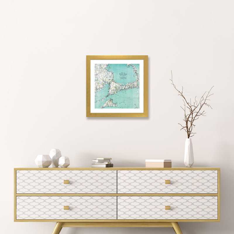 «Cape Cod and Vicinity Map» - impression, H 16 po x l 16 po x p 1 po, Papier beaux-arts encadré doré