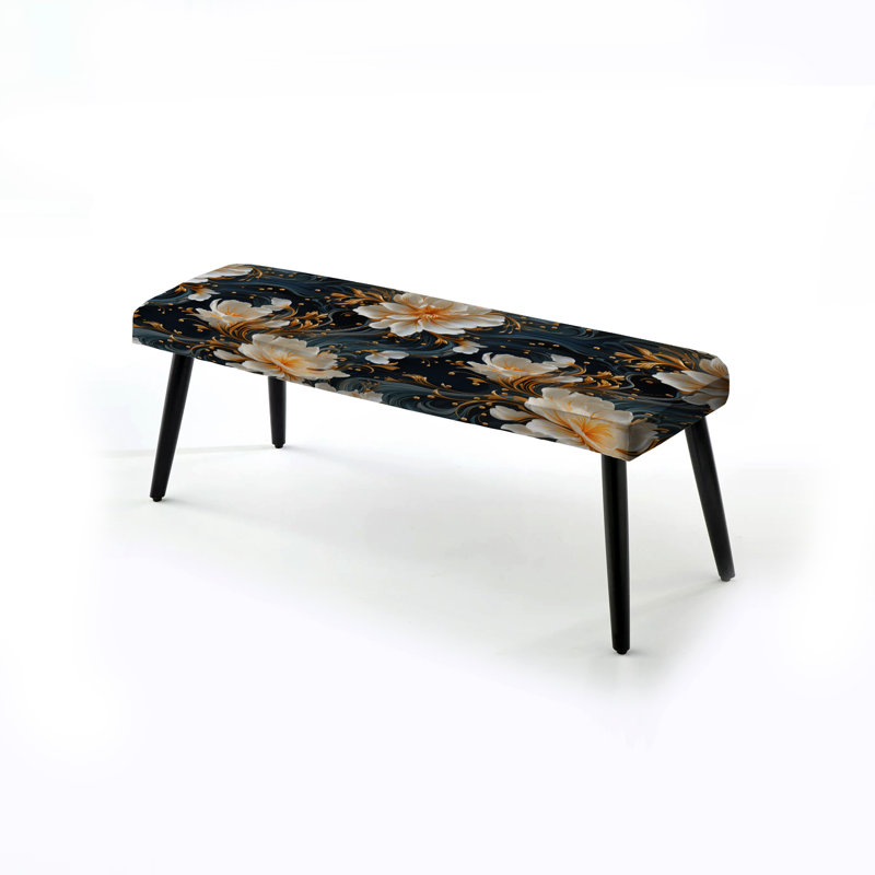 Banc rembourré floral noir Truong, Éclat de marbre astral blanc et or