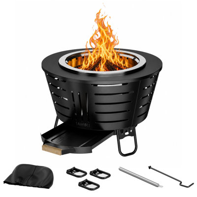 Foyer d'extérieur sans fumée de 26 pouces - foyer d'extérieur au bois en acier inoxydable avec technologie Triple-Burn, assemblage sans outil, cendrier amovible et housse anti-poussière