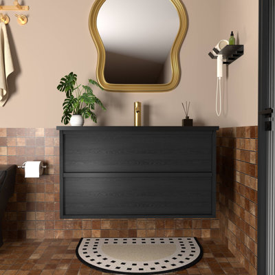 Meuble-lavabo de salle de bain avec lavabo en céramique - Meuble-lavabo flottant mural gris avec tiroirs, moderne