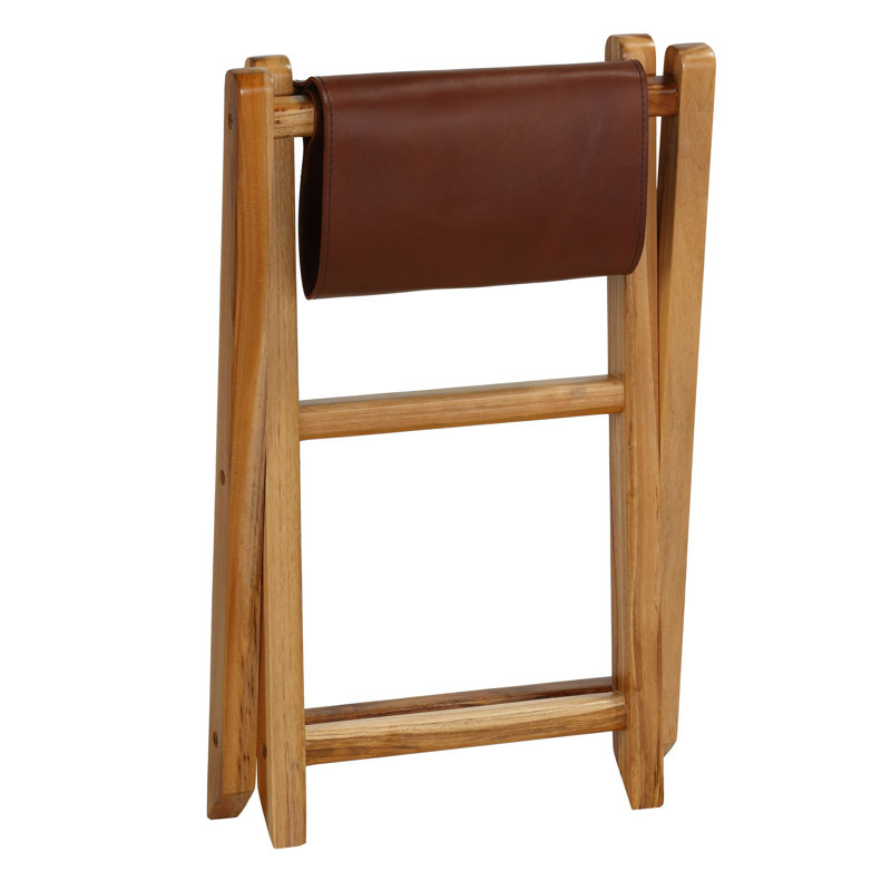 Vukasin Genuine Teak and Leather Folding Artist Stool in Brown Teak Wood