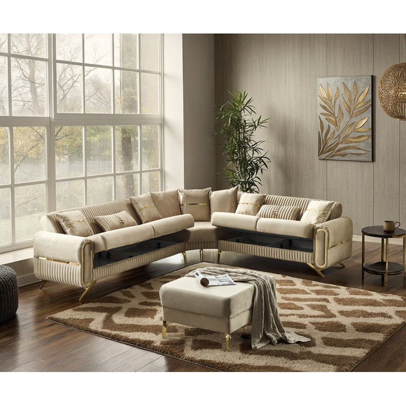 Devlynn Velvet Sectional Reversible, Beige Velvet, Gold