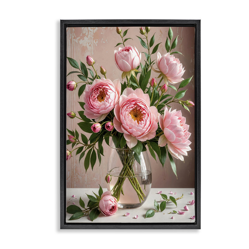 Élégantes pivoines dans un vase, encadrées par Yuri Khrushch, Cadre flottant noir de jais, H 31 po x l 21 po
