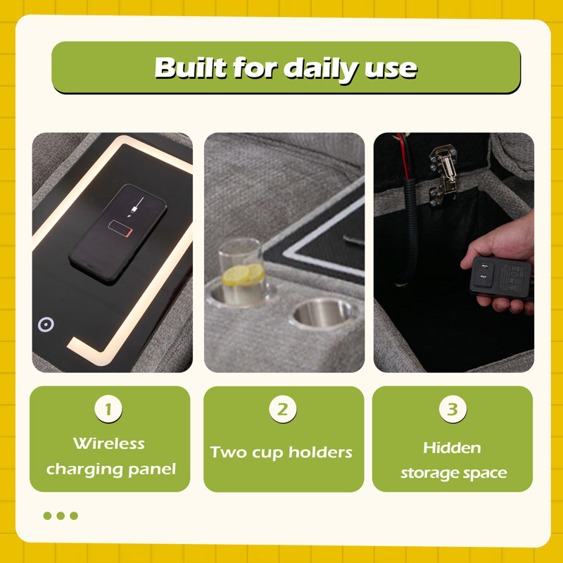 Canapé modulaire en U en forme de U, console de rangement à chargement sans fil, 2 porte-gobelets, haut-parleurs Bluetooth