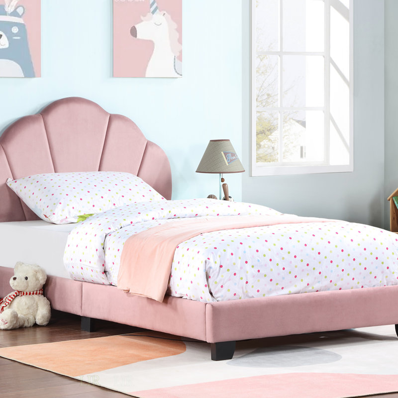 Upholstered Twin Size Platform Bed With Wooden Frame, Slatted Base, No Box Spring, And Adorable Shell Design Headboard