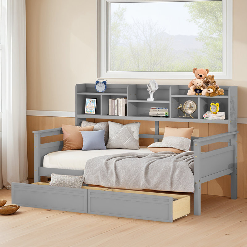Twin Size Daybed With Bedside Shelves ,two Storage Drawers ,no Box Springs Needed, Gray
