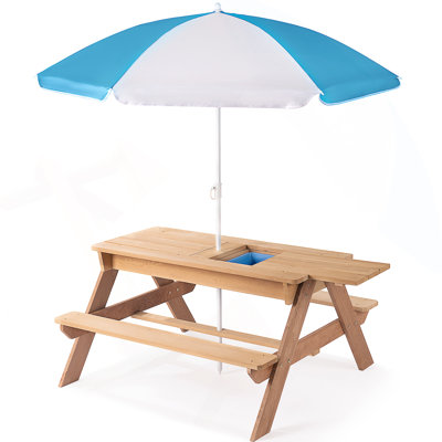 3-In-1 Kids Outdoor Wooden Picnic Table With Umbrella, Convertible Sand & Wate, Gray ASTM