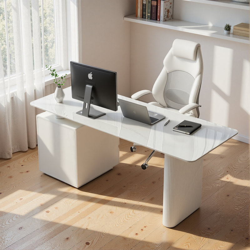 Derrus Derrus 70.9" Modern White Sintered Stone Desk with 3 Drawers and Column Legs, 29.5" H x 70.9" W x 27.6" D