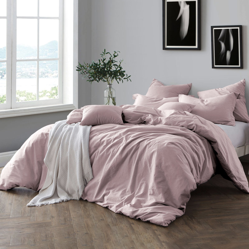 100% Cotton Crinkle Washed Duvet Cover Set, King/Cal. King Duvet Cover + 2 Shams, Lavender