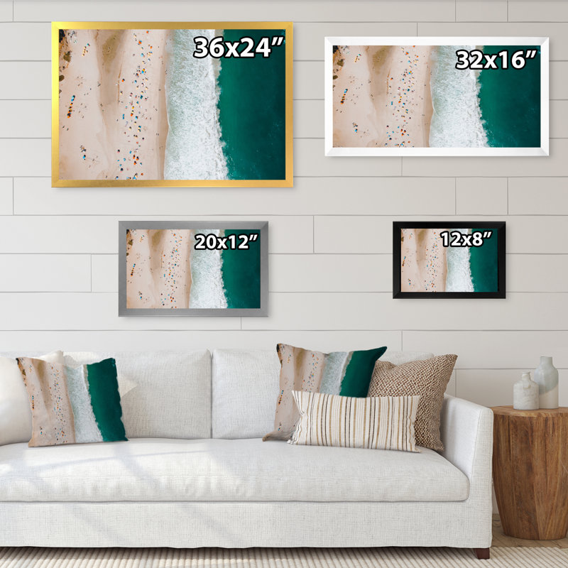 Vagues océaniques et plage de sable vue aérienne - peinture sur toile, Cadre d'angle fermé noir, H 8 po x l 12 po x P 1 po