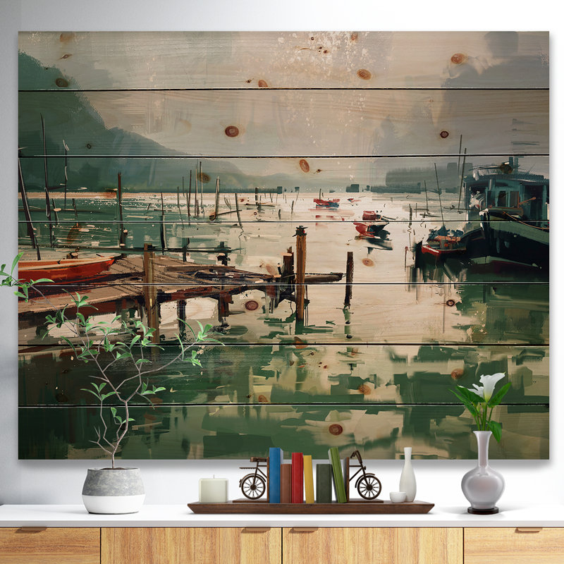 «Jetty and Fishing Bateaux at Harbor», impression, H 15 po x l 20 po x P 1 po, Bois