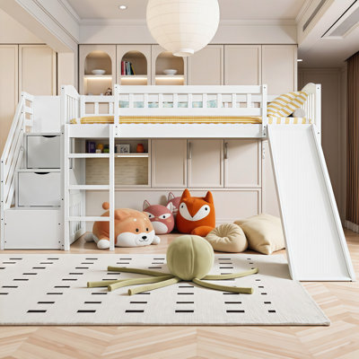 AVELOR Space-Saving Twin Loft Bed with Convertible Slide, Storage Stairs & Safety Guardrails - Ideal for Small Bedrooms