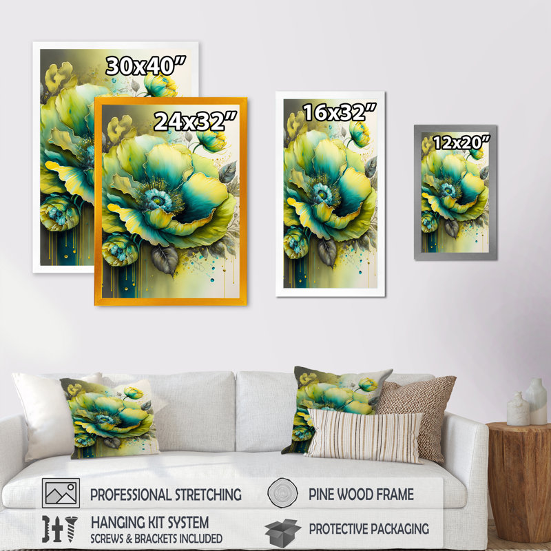 Green Blooming Flower III - peinture sur toile, Impression noire sur toile encadrée, H 20 po x l 12 po x P 1 po