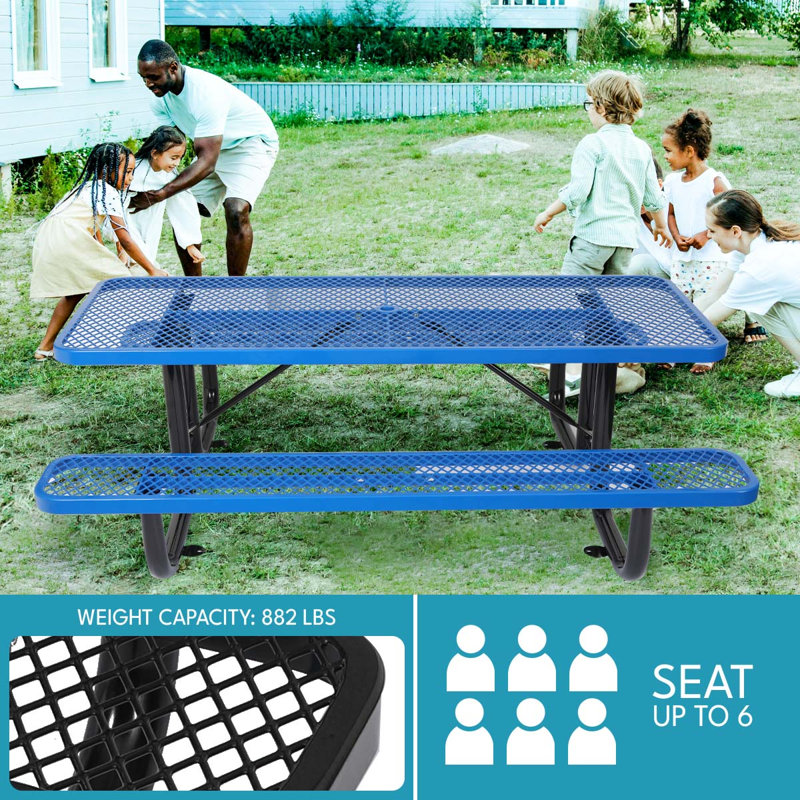Rectangular Outdoor Picnic Table With Umbrella Hole, Blue