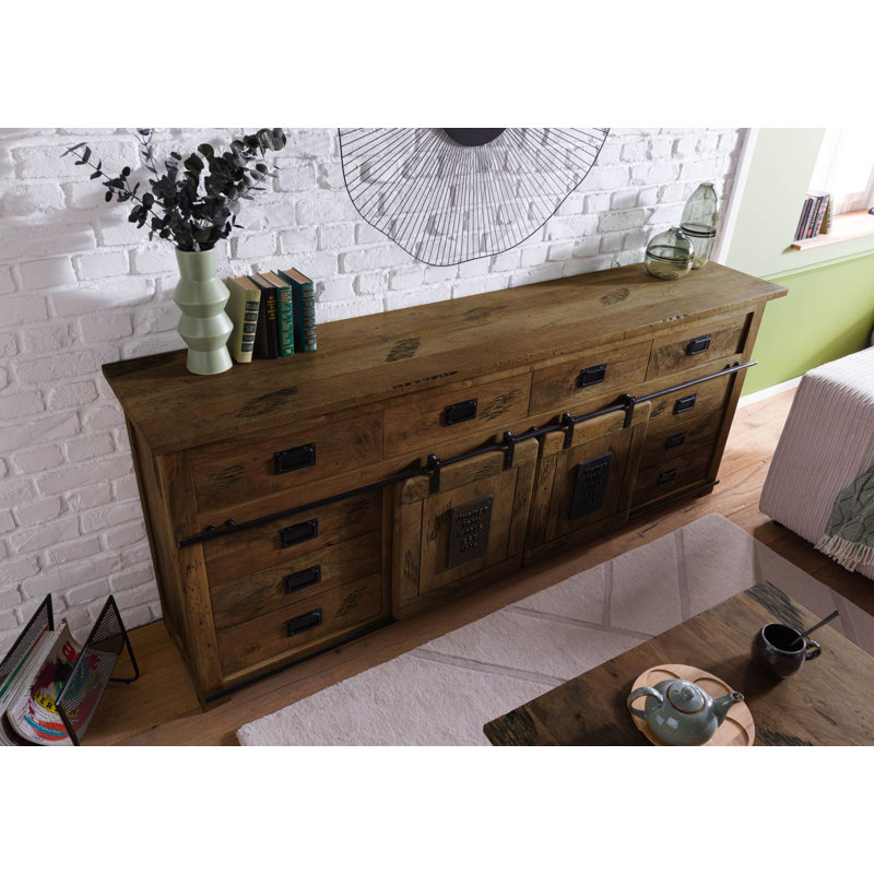 Railway 220cm Solid Wood Sideboard, Brown Lacquered