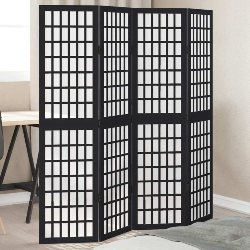 Room Divider 4 Panels Solid Wood Paulownia, Black, 160cm H x 145cm W x 1.6cm D