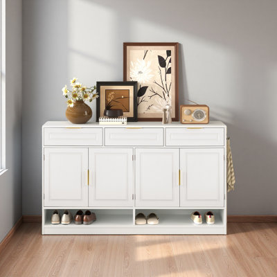 Farmhouse Sideboard With 3 Drawers & 4 Doors,59.1" Multi-Functional Storage Buffet With Adjustable Shelf And Open Storage Compartments, Suitable For Dining Room, Living Room, Entryway