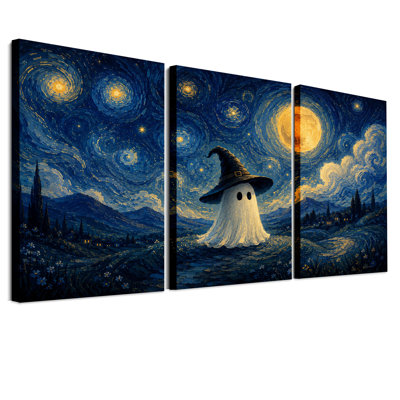 Ensemble de 3 toiles murales représentant un fantôme coiffé d'un chapeau de sorcière noir, sous un tourbillon d'Halloween
