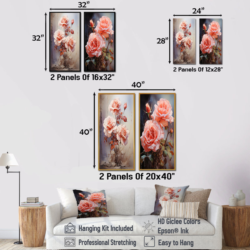 Roses roses, ensemble de 2 décorations murales, H 28 po x l 25 po, Toile tendue