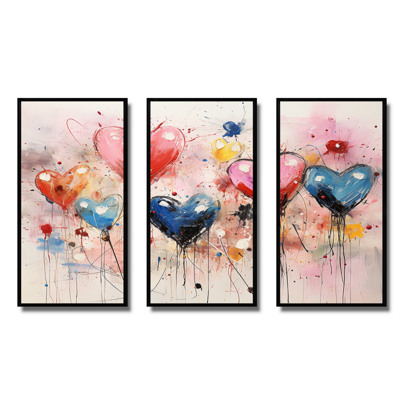 Rose et bleu cœur Pop Art 1 - Art mural Pop Art, H 28 po x l 36 po x P 1 po, Cadre flottant noir