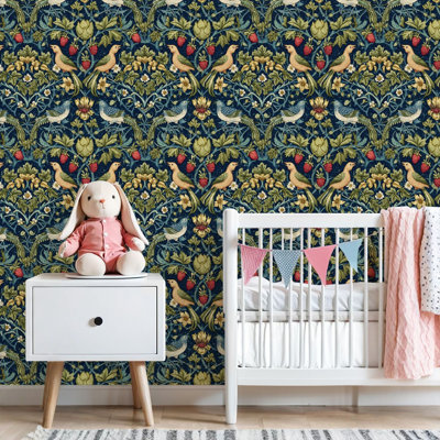 Peel and Stick Wallpaper Floral Bird ripe strawberries Antique Botanical Blue Strawberries Contact Paper Removable Self Adhesive Wall Mural Wall Decor for Bedroom Kitchen Cabinets 24in x 118in