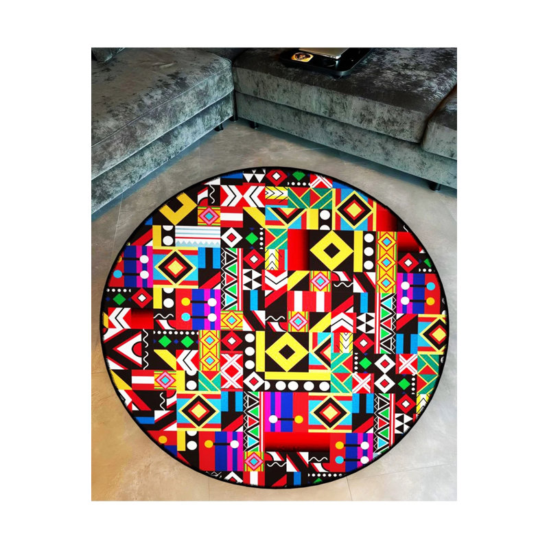 Multicolored Geometric Shapes Detailed Woven Base Modern Decorative Carpet, Round 5'