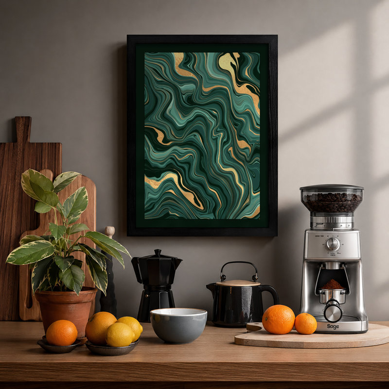 Flowing Teal Currents Modern - Framed Print, Black, A4 - 29.7 x 21.0 cm