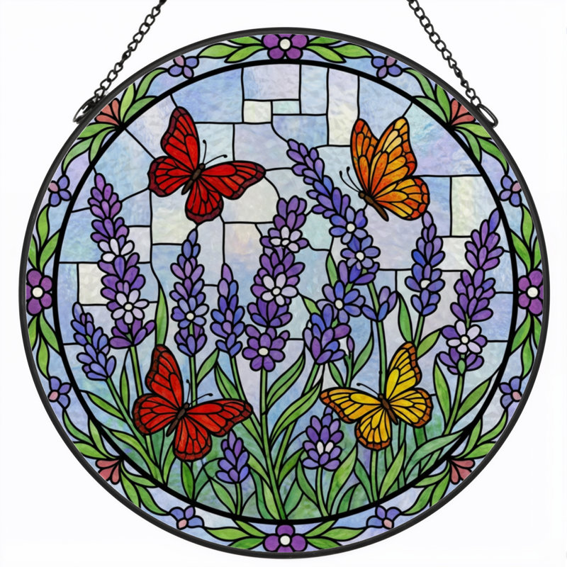 7.8"H Butterfly Lavender Stained Glass Window Panel, 7.8" H x 7.8" W