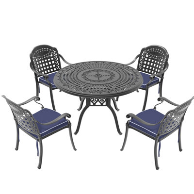 Outdoor Cast Aluminum Patio Dining With Cushions - 4 Seats, Black, , Space Saving, Comfy 5 Aluminium Weather Comfortable Chairs & Table