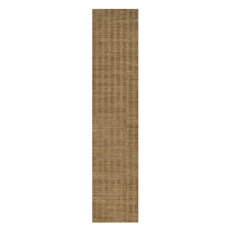 2'6"x12' Camel Brown, Vertical Stripes Design with Salt and Pepper Effect, Hand Loomed, Undyed Natural Wool, Runner, Oriental Rug