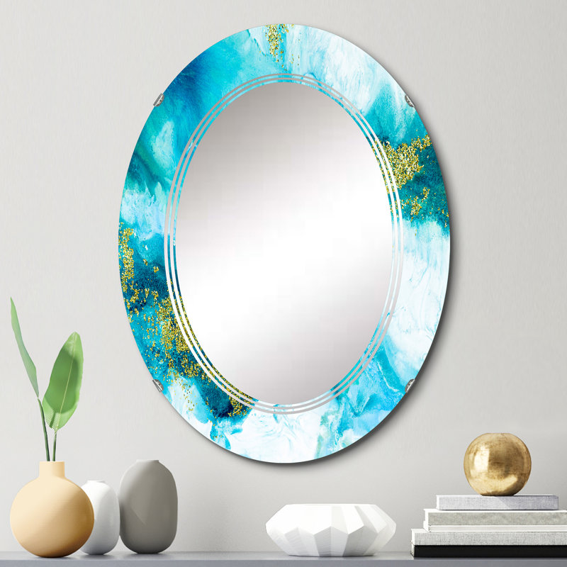 Bleu avec paillettes dorées, abstrait créatif - miroir mural moderne ovale, 30 po x 20 po