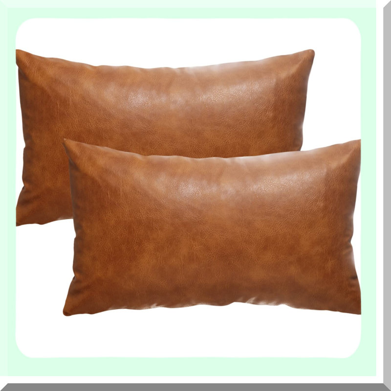 Farmhouse Lumbar Leather Pillow Covers - Set of 2 Cognac Modern Boho Outdoor Sofa Decor for Living Room Bedroom Couch Bed 20x12 Inch